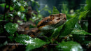 Close-up of a Brown Snake Peeking Through Lush Green Jungle Foliage