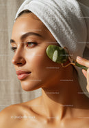 Young Woman Using Jade Roller for Skin Rejuvenation and Relaxation
