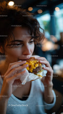 Young Woman Enjoying Juicy Cheeseburger in Cozy Restaurant