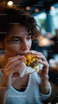 Young Woman Enjoying Juicy Cheeseburger in Cozy Restaurant
