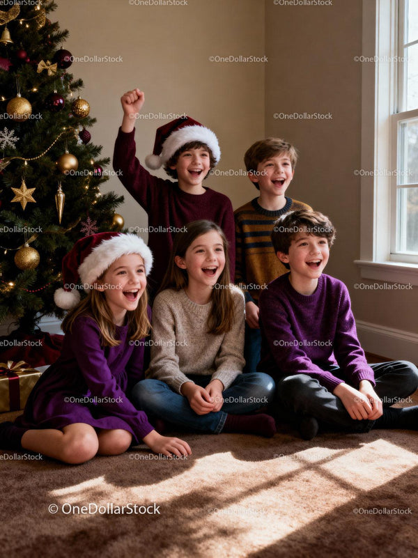 Happy Kids Sitting Near Christmas Tree in Cozy Room