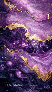 Purple and Gold Fluid Abstract Art with Cosmic Marbling
