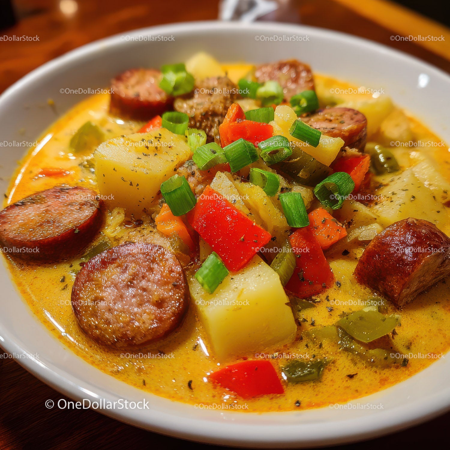 Hearty Sausage and Vegetable Stew in Spicy Broth with Green Onions