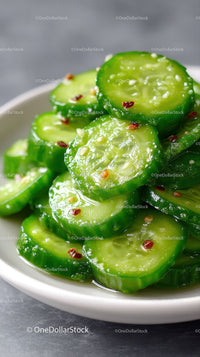 Fresh Cucumber and Chili Flakes Salad in a White Bowl