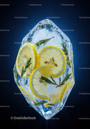 Fresh lemon slices with rosemary frozen in ice cube