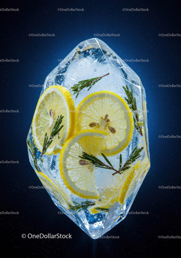 Fresh lemon slices with rosemary frozen in ice cube