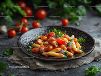 Pasta with Tomato Sauce Garnished with Basil and Cherry Tomatoes
