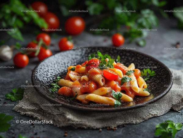 Pasta with Tomato Sauce Garnished with Basil and Cherry Tomatoes