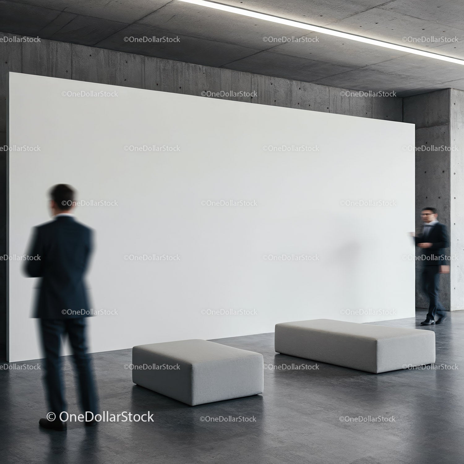 Minimalist office lobby with blurred businesspeople