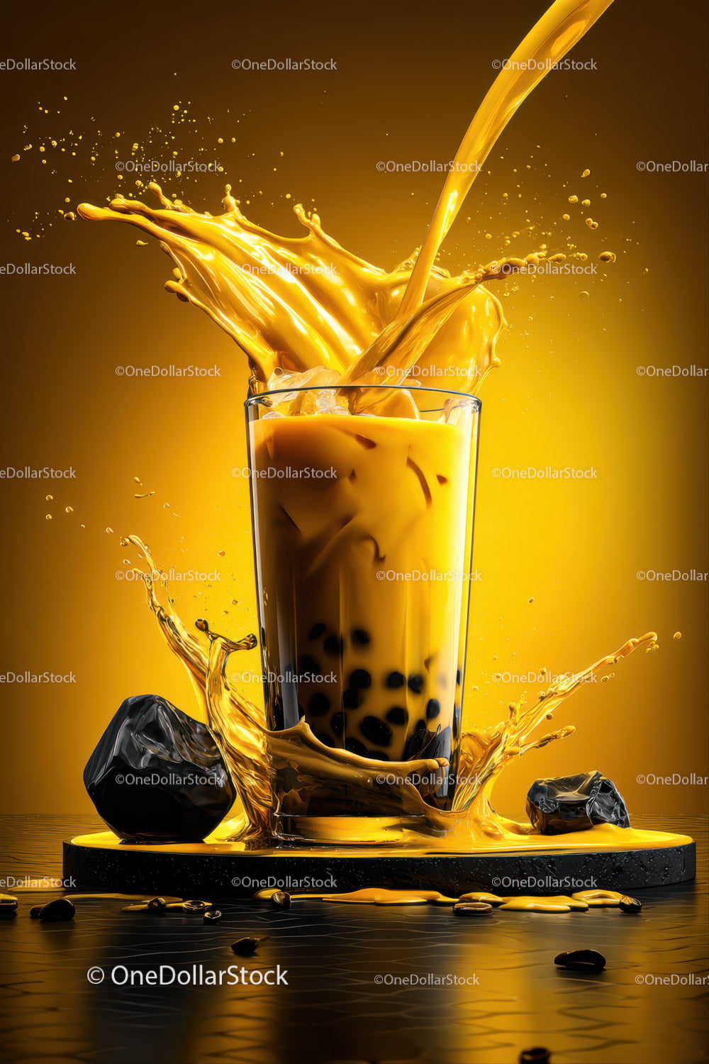 Refreshing Bubble Tea with Tapioca Pearls in a Splashing Glass