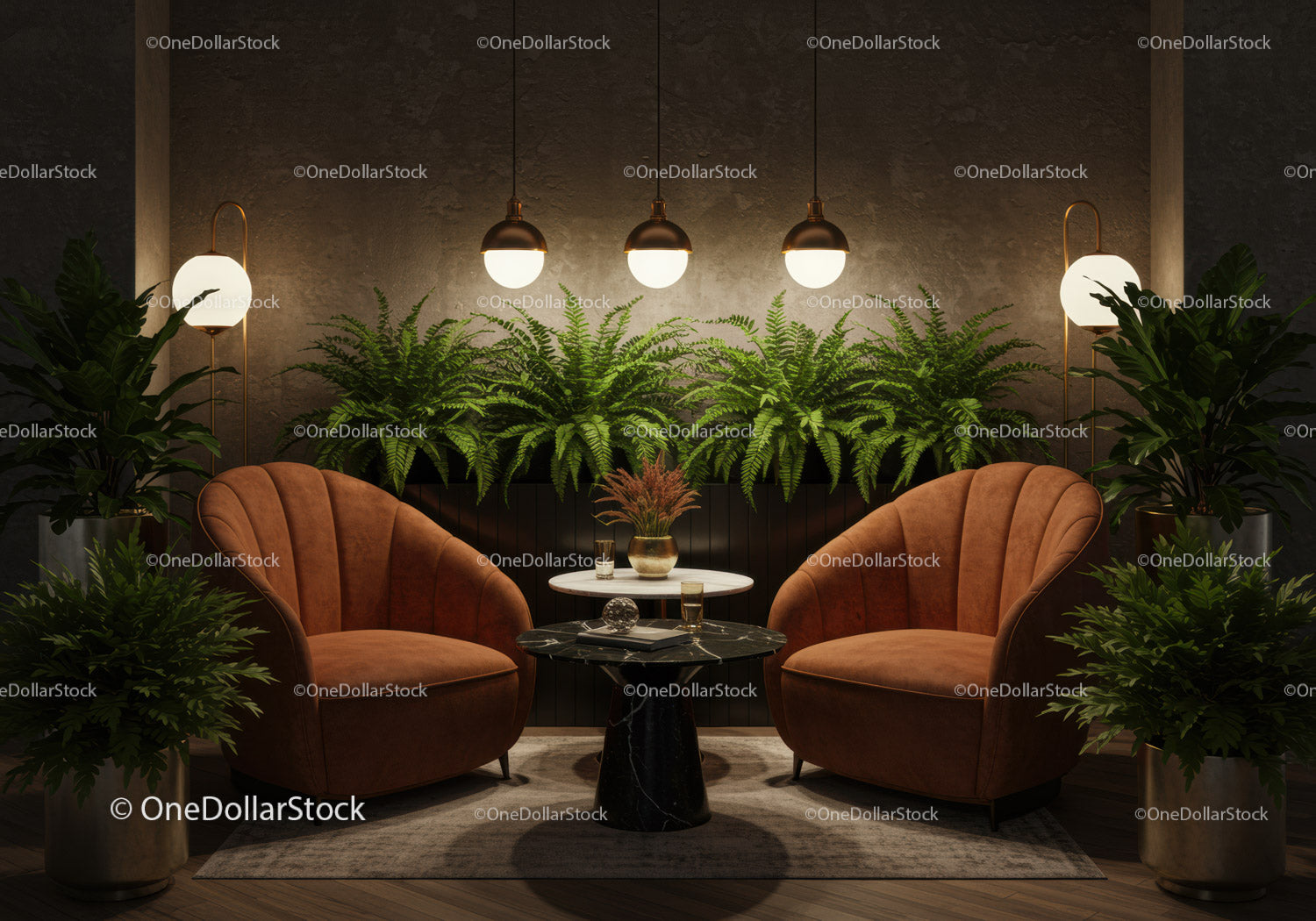 Cozy intimate seating area with lush green plants