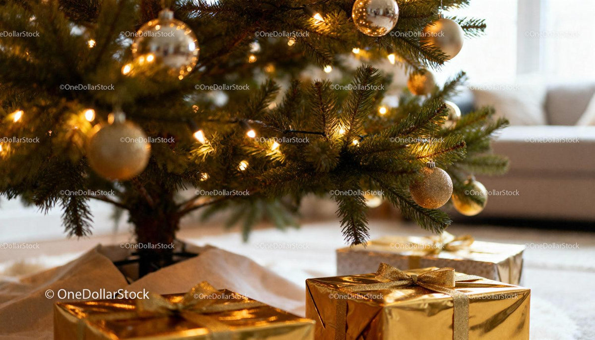Cozy Christmas tree with golden gifts in living room