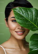 Smiling Woman with Bright Blue Eye and Tropical Greenery