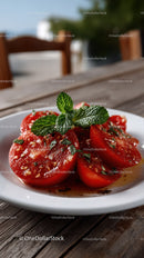 Freshly Sliced Tomatoes with Mint on a Rustic Wooden Table