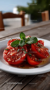 Freshly Sliced Tomatoes with Mint on a Rustic Wooden Table