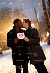 Couple Sharing Romantic Kiss in Snowy Winter Evening