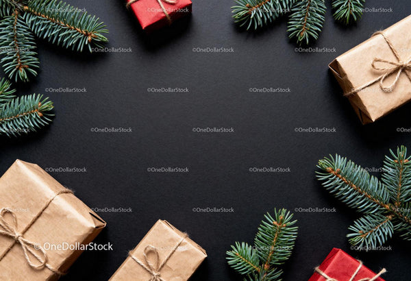 Wrapped Gifts and Pine Branches on Dark Background