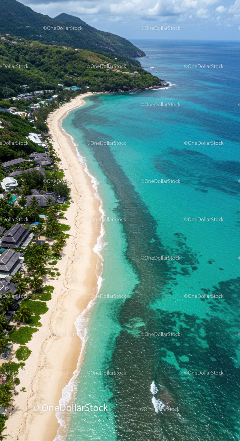 Tropical Beach with Lush Green Hills and Clear Turquoise Ocean