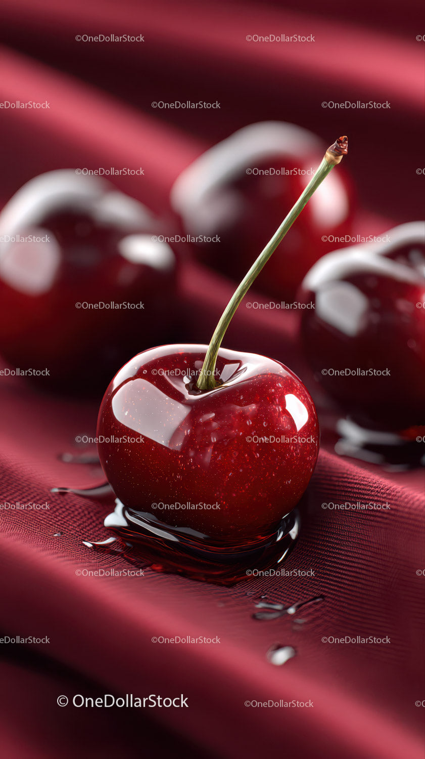 Fresh Juicy Red Cherry Close-Up with Water Droplets