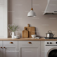 Modern Kitchen with Wooden Cutting Boards and White Bowls