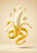 Peeled banana with floating banana slices on beige background