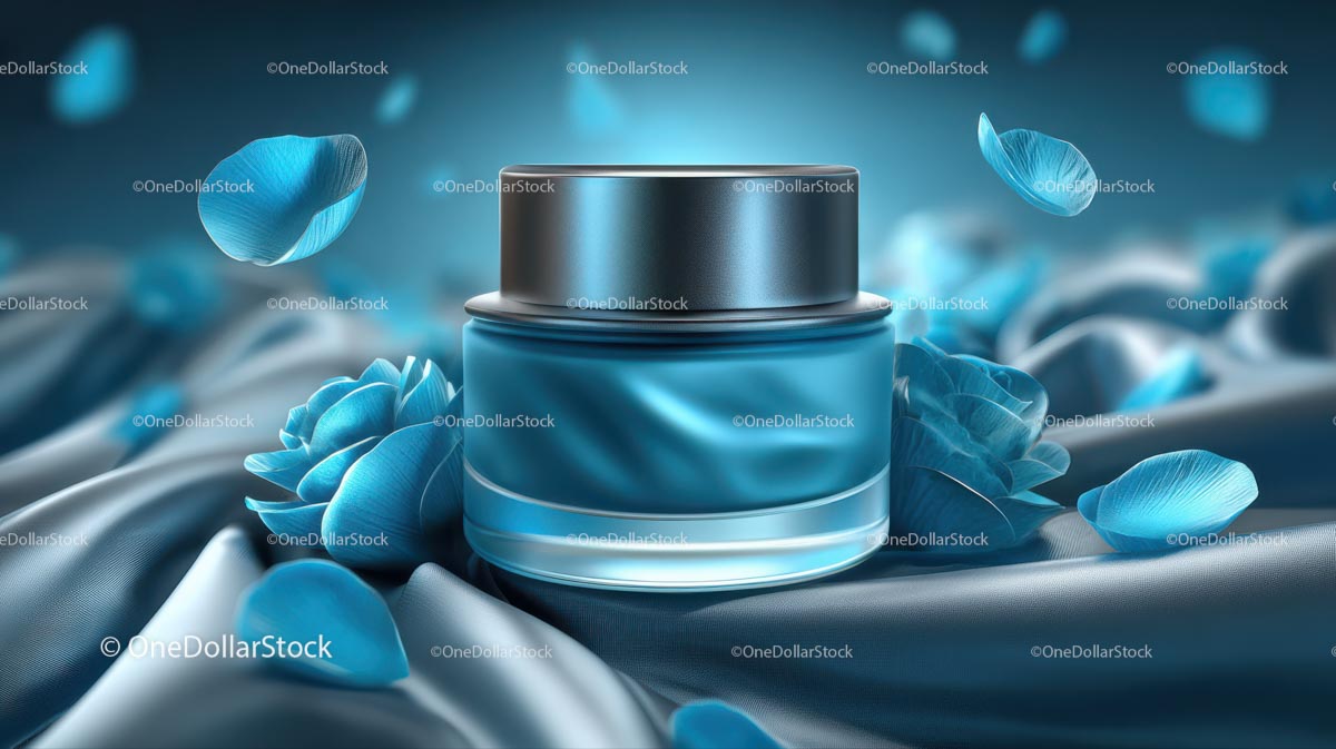 Elegant Blue Cosmetic Jar Among Delicate Petals