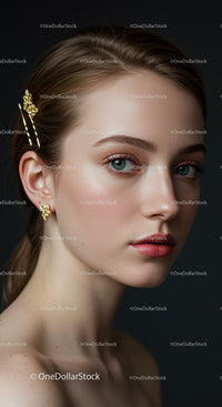 Elegant Young Woman with Blue Eyes Wearing Gold Jewelry for Fashion Photography