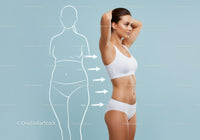 Slimmed Female Body with Fitness Diagram Against Blue Background