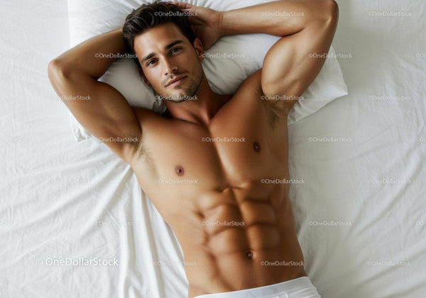 Fit young man relaxing on white bed with arms behind head