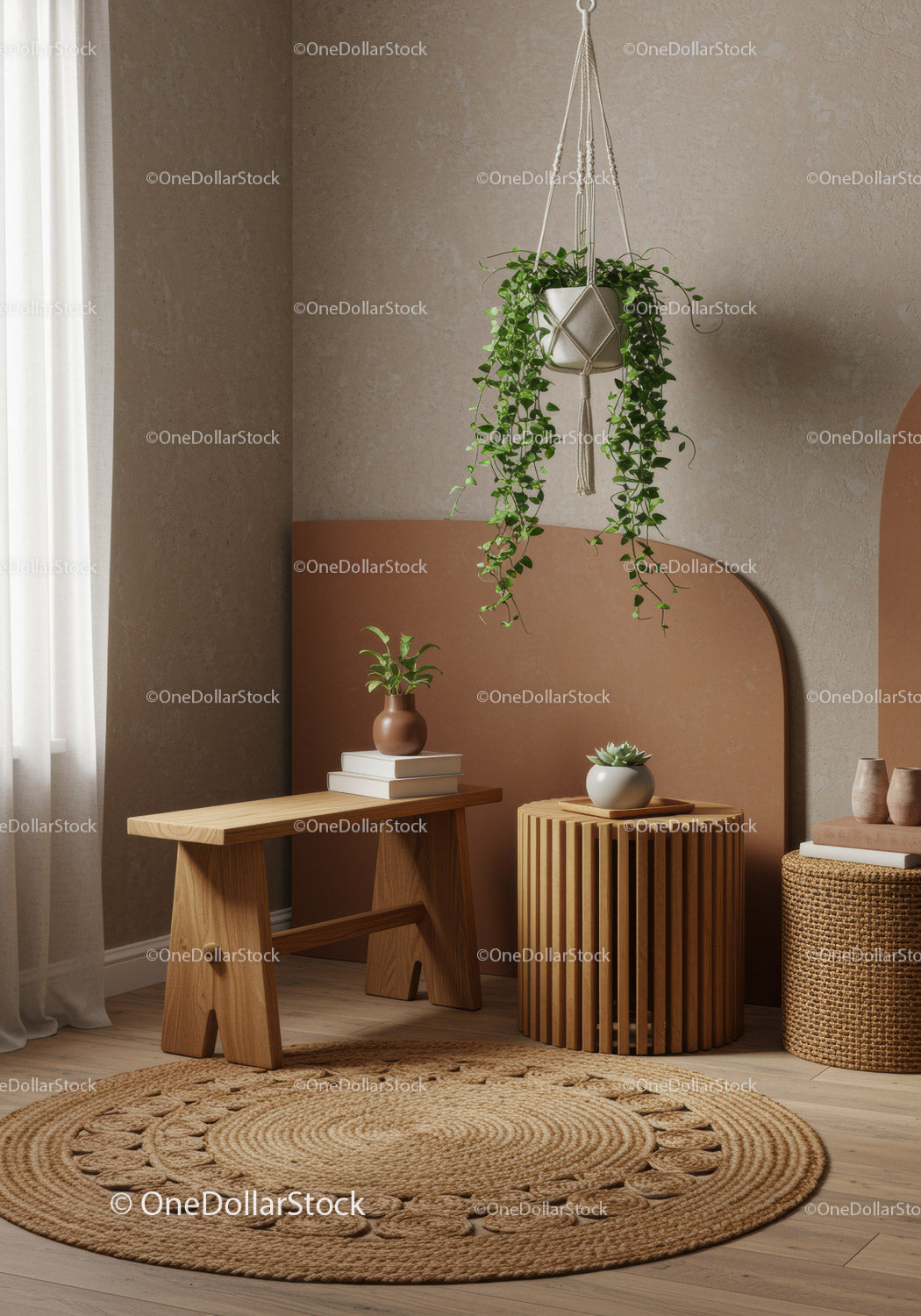 Elegant Interior with Wooden Furniture and Indoor Plants in Cozy Home