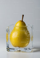 Fresh pear frozen inside a clear ice cube