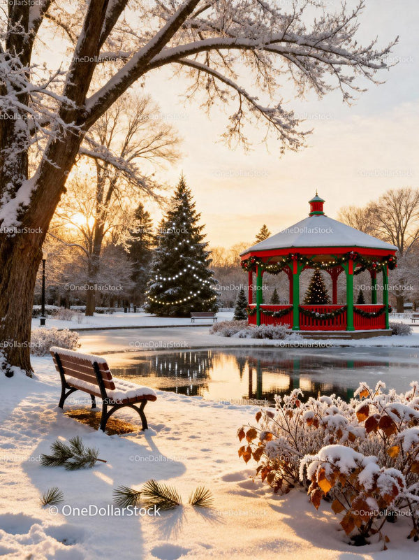 Snowy park with festive gazebo and holiday lights