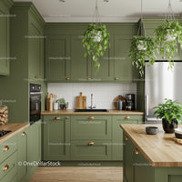 Stylish Green Kitchen with Hanging Plants and Wooden Countertops