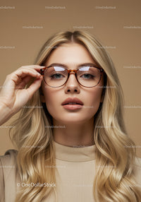 Stylish Blonde Woman Wearing Round Tortoiseshell Glasses in Professional Portrait