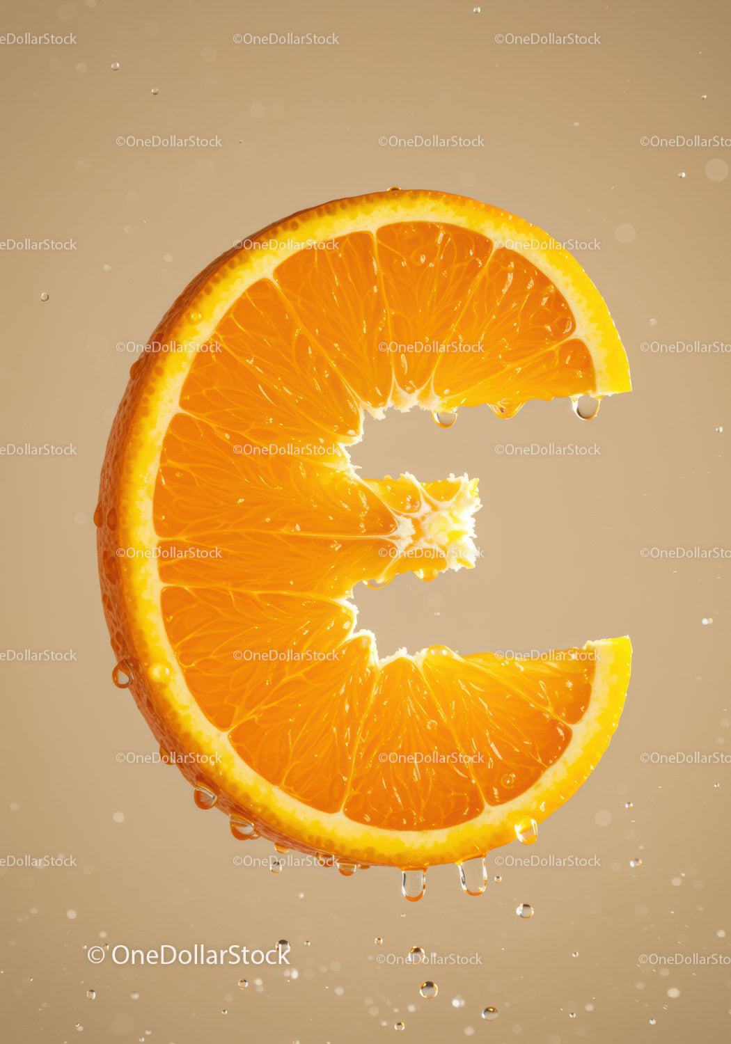 Fresh Orange Slice with Water Droplets on Beige Background
