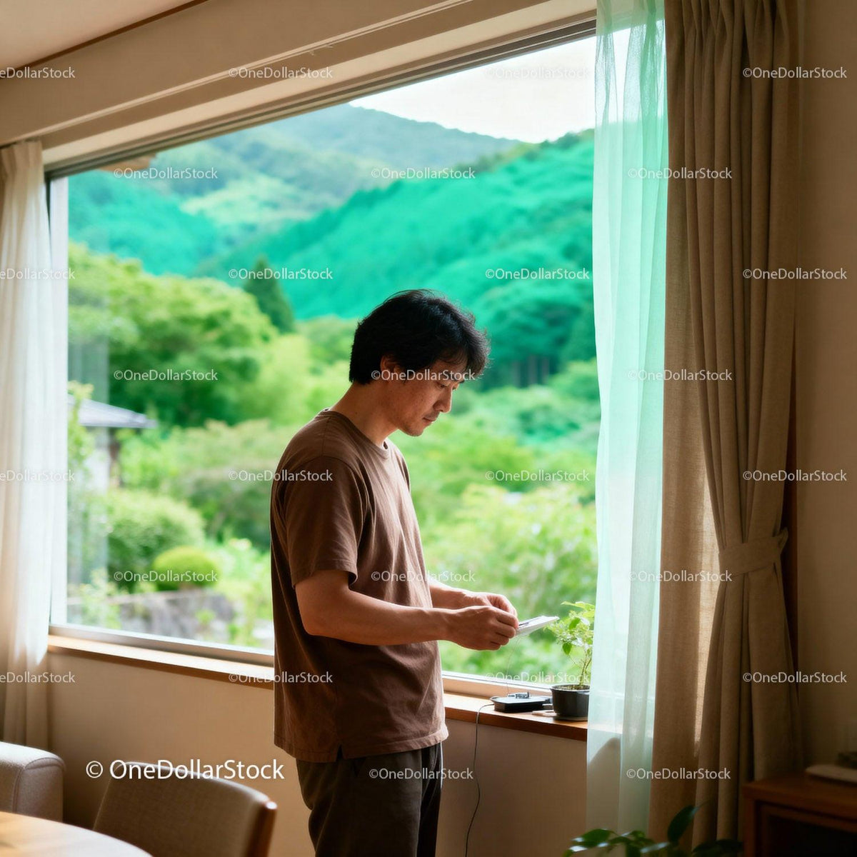 Man standing by window enjoying peaceful garden view