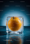 Fresh orange frozen inside a clear ice cube