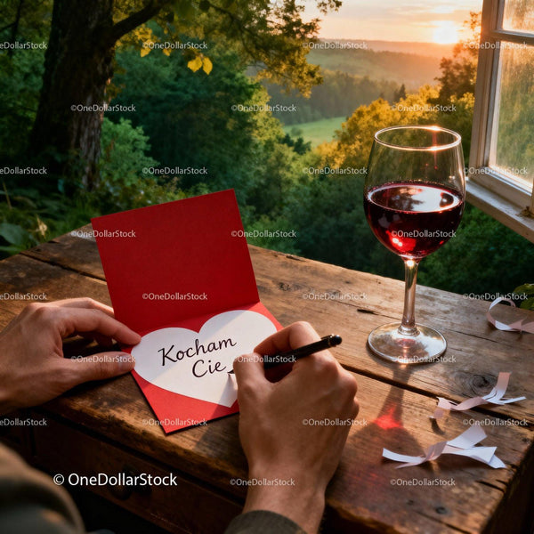 Handwriting a Romantic Love Note with Glass of Wine Sunset