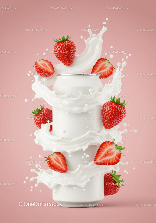 Refreshing Splash of Milk Surrounding Fresh Strawberries JPG Mockup Image