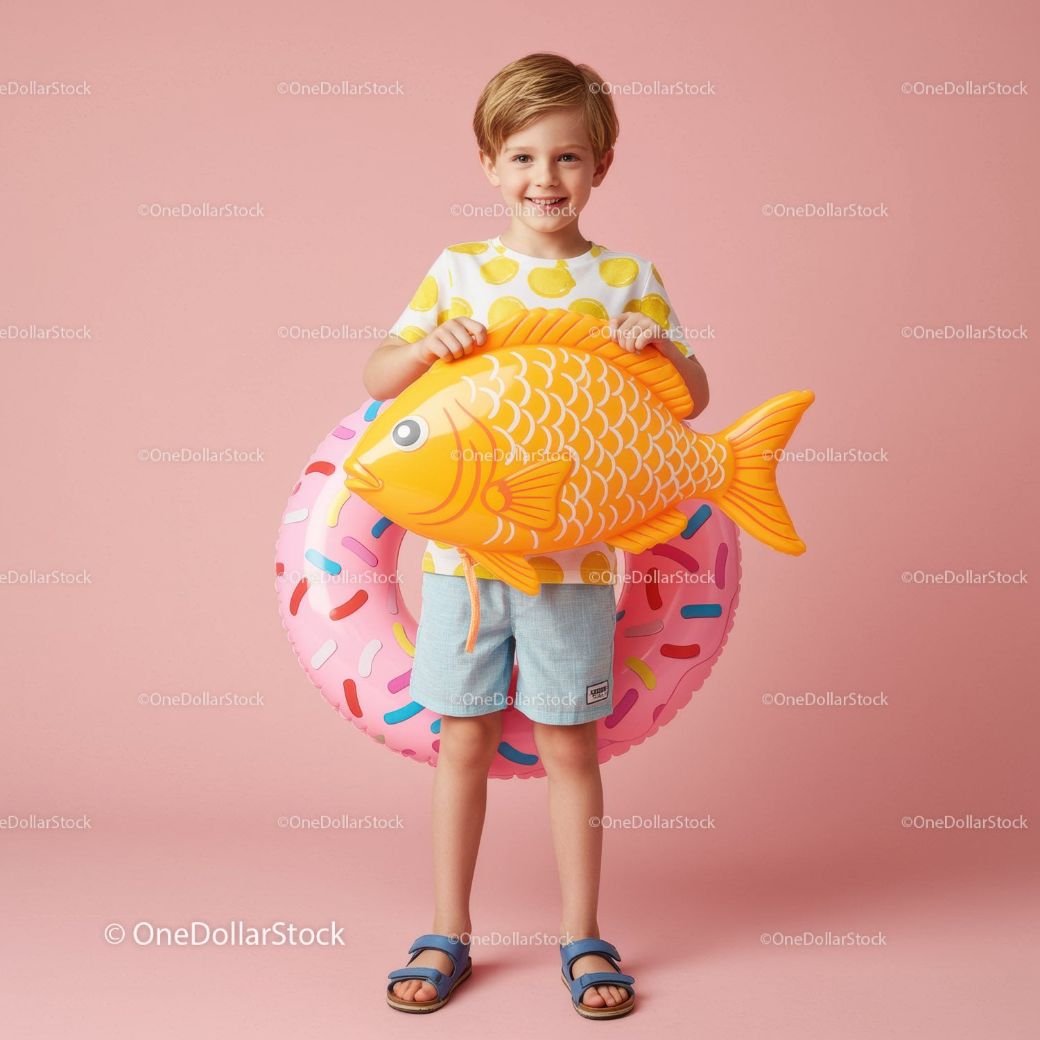 Smiling boy holding inflatable fish and donut float