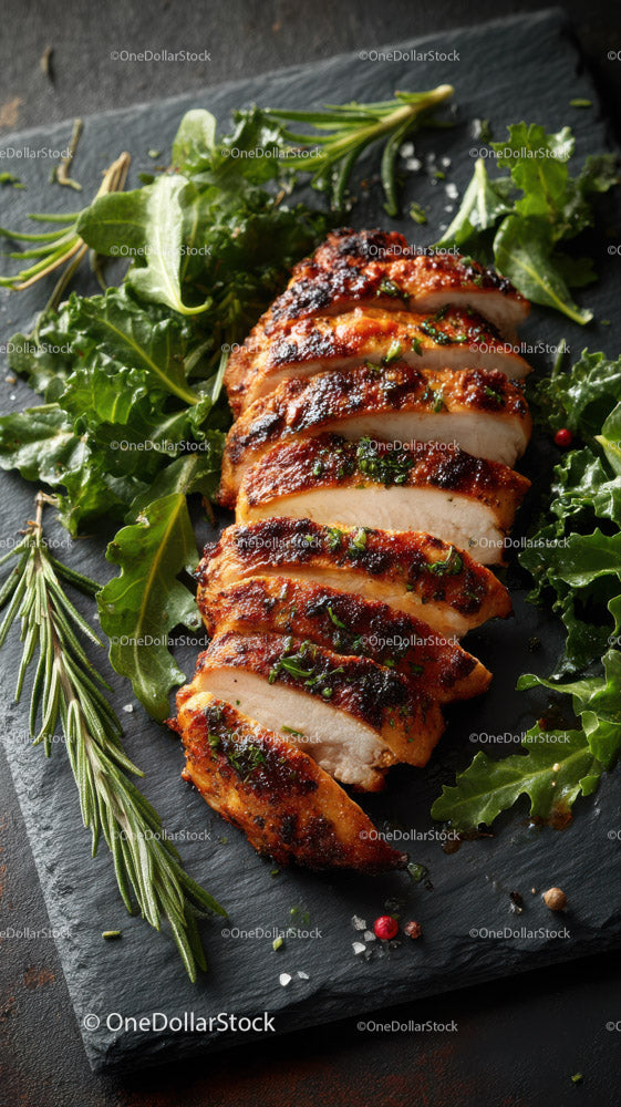 Grilled Beef Ribs with Fresh Green Herbs on Plate