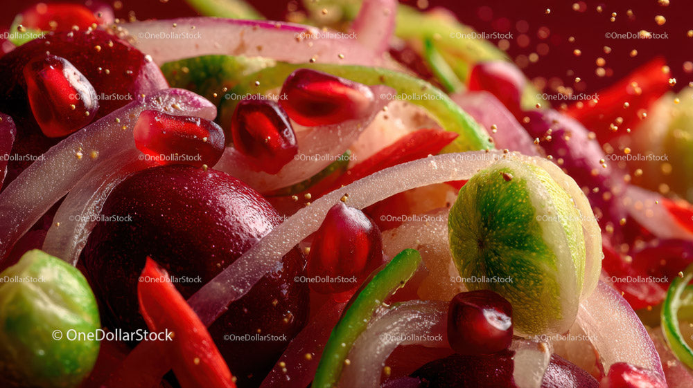 Close-up of Fresh Pomegranate Seeds and Lime Slices with Vegetables