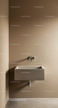 Modern Beige Wall-Mounted Concrete Sink with Metal Faucet in Minimalist Bathroom