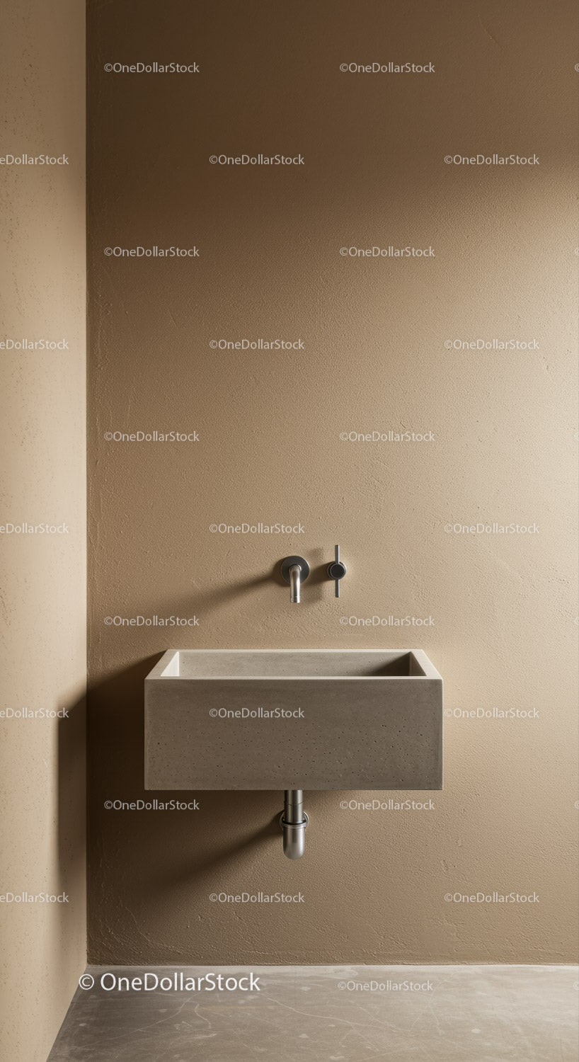 Modern Beige Wall-Mounted Concrete Sink with Metal Faucet in Minimalist Bathroom