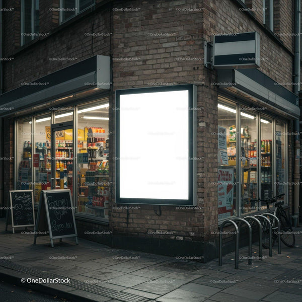 Urban Corner Store with Illuminated Advertising Panel JPG Mockup Image