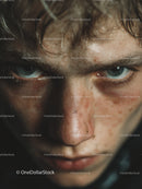 Close-up of Man with Intense Blue Eyes and Freckles in Dramatic Lighting
