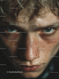Close-up of Man with Intense Blue Eyes and Freckles in Dramatic Lighting