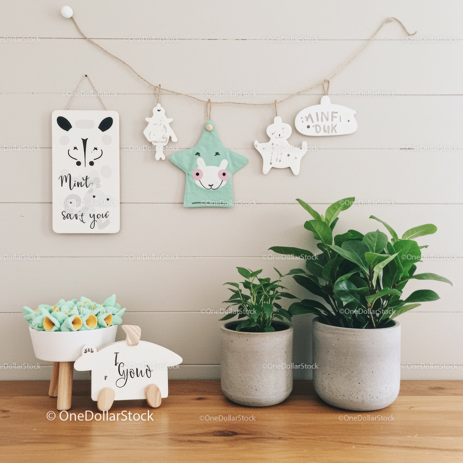 Cute Children's Room Wall Decor with Plush Star and Green Plants