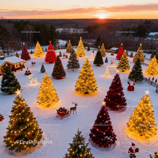 Christmas trees decorated with lights and ornaments in snow