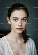 Close-up Portrait of a Young Woman with Blue Eyes and Brown Hair